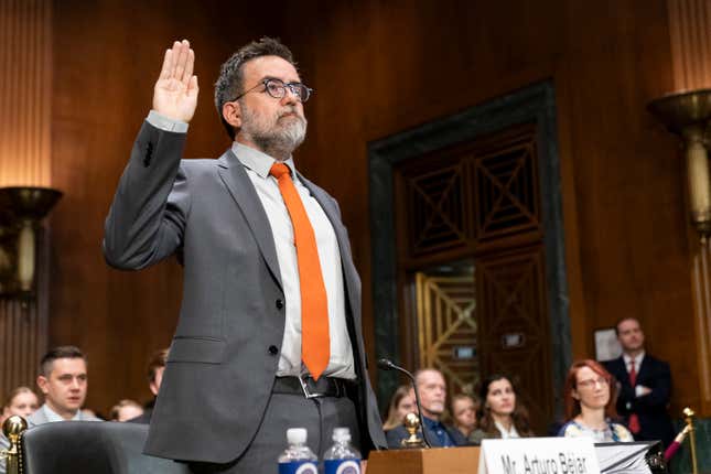 Arturo Bejar, former Facebook employee and consultant for Instagram, is sworn in during a Senate Judiciary Subcommittee on Privacy, Technology, and the Law hearing to examine social media and the teen mental health crisis, Tuesday, Nov. 7, 2023, on Capitol Hill in Washington. (AP Photo/Stephanie Scarbrough)