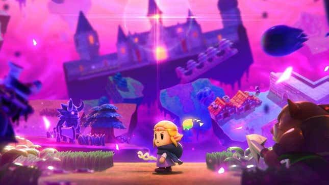 Zelda stands on solid ground while, behind her, pieces of Hyrule Kingdom float in a purple void