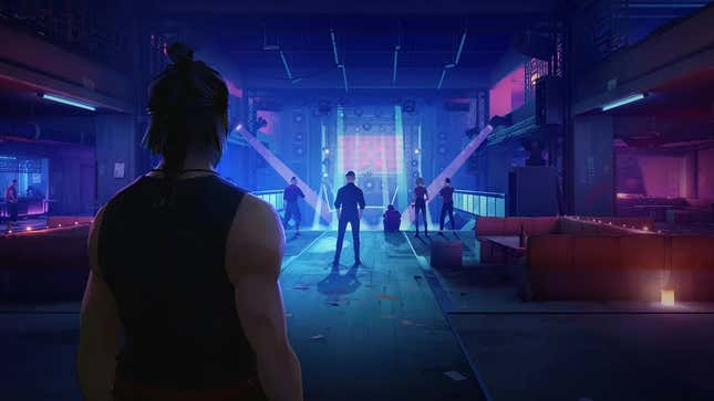 A screenshot of Sifu's city level, showing the player character approaching enemies in an empty club.