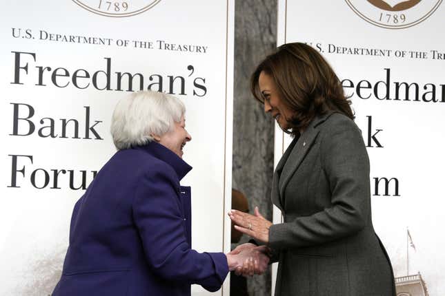 US Vice President Kamala Harris shakes hands with Janet Yellen, US Treasury secretary, left, during the Freedman’s Bank Forum. at the US Department of the Treasury in Washington, DC, US, on Tuesday, Oct. 4, 2022. The Treasury secretary renewed her call for enhanced government subsidies for child care, a policy priority the Biden administration failed to win passage for in Congress. 