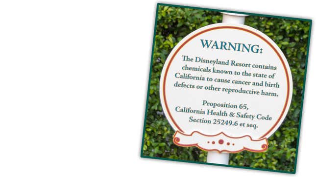 A photo of the Prop 65 warning sign at Disneyland. 