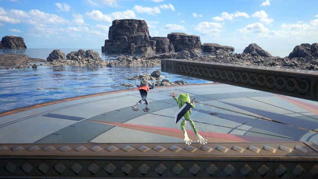 Frog versions of Cloud and Cait Sith jump over moving bars on a circular platform.