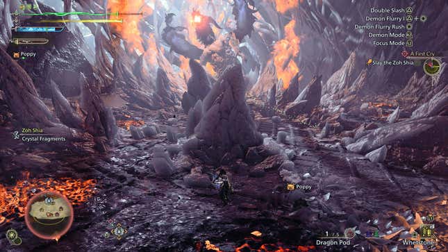 A hunter and their Palico stand in front of a large crystal, with Zoh Shia breathing fire in the background.