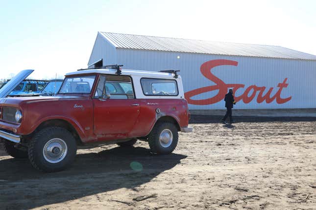 Scout Motors shows off one of its older gasoline powered models at a ceremony to celebrate the start of construction of its new electric SUV, Thursday, Feb. 15, 2024, in Blythewood, S.C. (AP Photo/Jeffrey Collins)