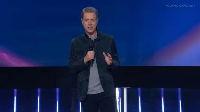 Geoff Keighley speaks on stage at Summer Game Fest. 