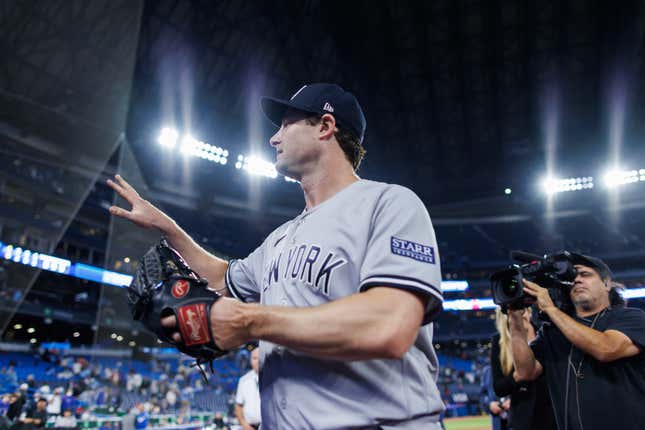 TORONTO, CANADA - SEPTEMBER 27: Gerrit Cole #45 of the New York Yankees leaves the field after their MLB game against the Toronto Blue Jays at Rogers Centre on September 27, 2023 in Toronto, Canada. (Photo by Cole Burston/Getty Images)