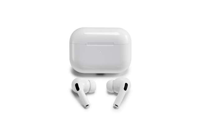 A pair of Apple AirPods Pro wireless headphones and charging case.