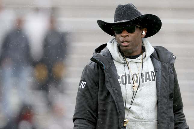 Head coach Deion Sanders of the Colorado Buffaloes watches as his team plays their spring game at Folsom Field on April 27, 2024 in Boulder, Colorado.