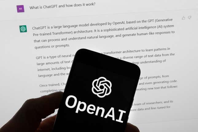 FILE - The OpenAI logo is seen on a mobile phone in front of a computer screen which displays output from ChatGPT, March 21, 2023, in Boston. A wave of AI deepfakes tied to elections in Europe and Asia has coursed through social media for months, serving as a warning for more than 50 countries heading to the polls this year. (AP Photo/Michael Dwyer, File)