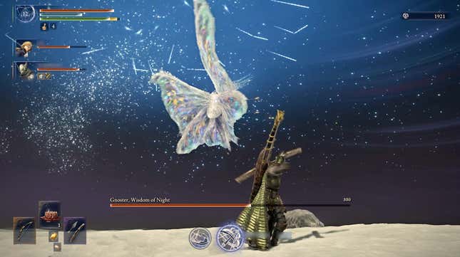 A large moth flies in the air while energy surrounds it.