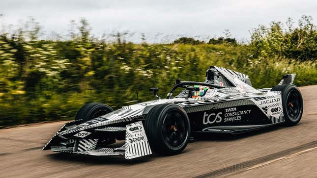 A photo of the front of the Gen 3 Formula E car in a Jaguar camouflage wrap. 