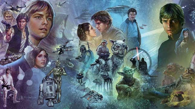 Des personnages de Star Wars apparaissent sur une affiche de célébration. 