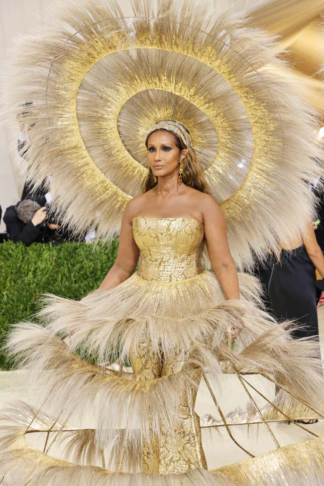 Iman attends The 2021 Met Gala Celebrating In America: A Lexicon Of Fashion at Metropolitan Museum of Art on September 13, 2021 in New York City.