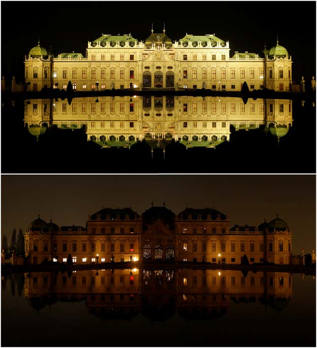 A combination photo shows Belvedere palace and its reflection in a pond before (top) and after the lights were switched off for Earth Hour in Vienna, Austria, March 25, 2017.