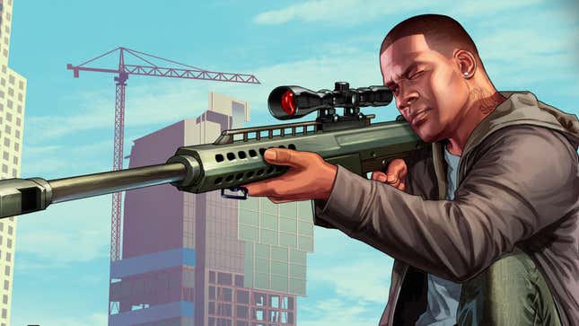 GTA V character Franklin snipes from what might be a rooftop.