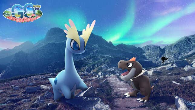 Amaura and Tyrunt on some rocks, in a POGO promo.