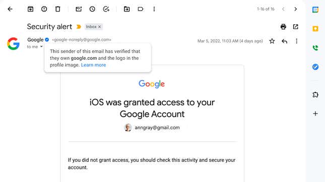 Google's Gmail showing a small blue checkmark next to the google email with the notice "this sender of this email has verified they own google.com and the logo in the profile image.