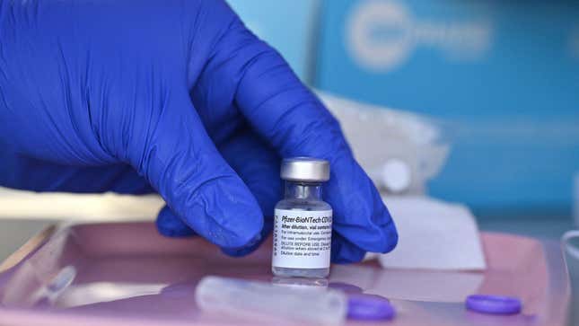A vial of the Pfizer vaccine at a pop up vaccination center in Los Angeles's Arleta neighborhood in August 2021.