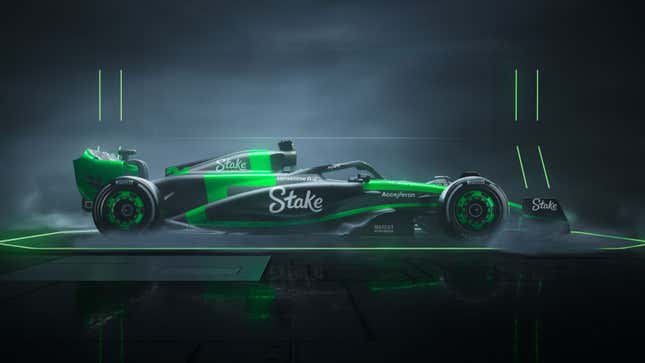 A photo of the green and grey Kick Sauber F1 car. 