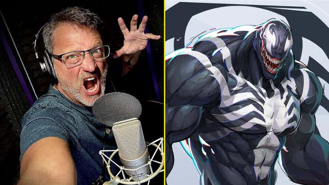 A voice actor is juxtaposed next to a Marvel character.