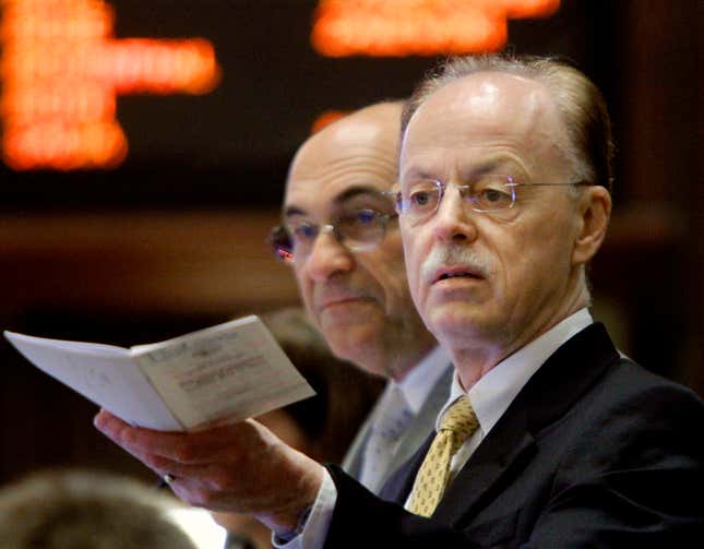 FILE - Timothy Mapes, chief of staff for Illinois House Speaker Michael Madigan, listens to lawmakers debate at the Capitol May 10, 2011, in Springfield, Ill. A federal judge in Chicago sentenced Mapes, the former chief of staff to longtime Illinois House Speaker Madigan, to two and a half years in prison Monday, Feb. 12, 2024, for lying under oath to a grand jury to protect his once-powerful boss. (AP Photo/Seth Perlman File)