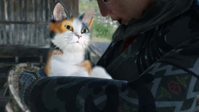 My Rise of the Ronin character pets a multi-colored calico cat.