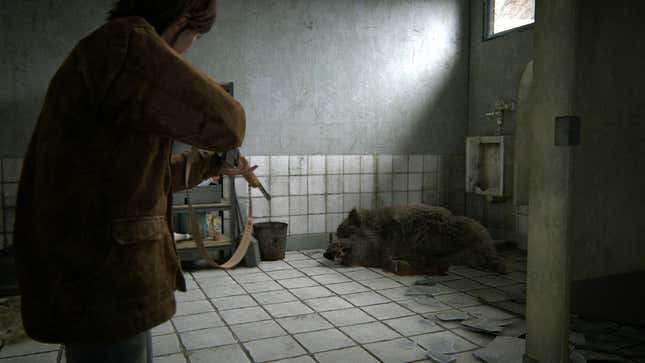 Ellie stands over a boar bleeding out in a bathroom.
