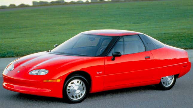 A photo of a Red EV1 concept car. 