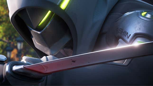 Genji is seen wearing his hoodie and holding his sword.