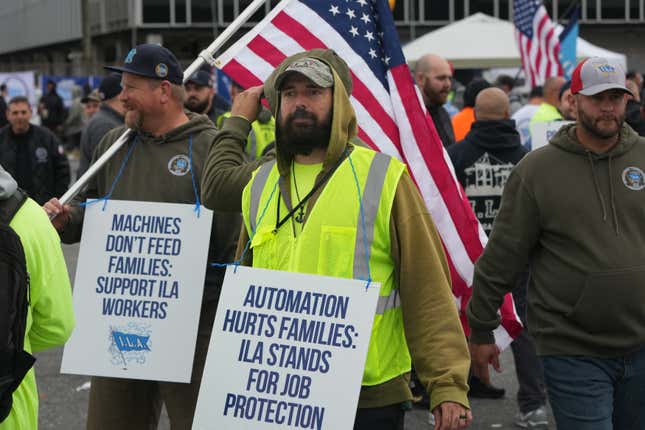 Dockworkers at the Maher Terminals in Port Newark are on strike on October 1, 2024 in New Jersey. 