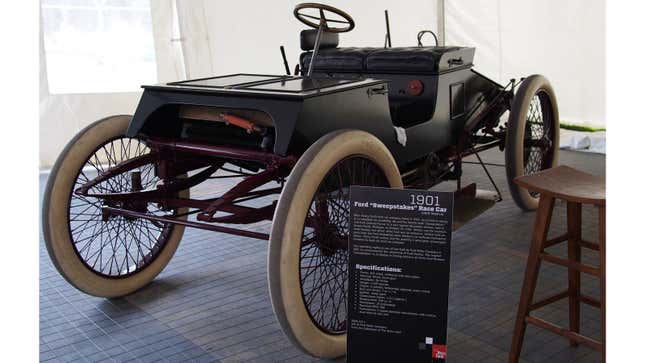 A photo of the Ford Sweepstake car in a museum. 