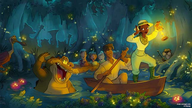 A new concept art illustration from Disney Parks features Tiana exploring while standing in a rowboat in Princess and the Frog Disneyland Ride while Naveen and Louis the alligator look on.