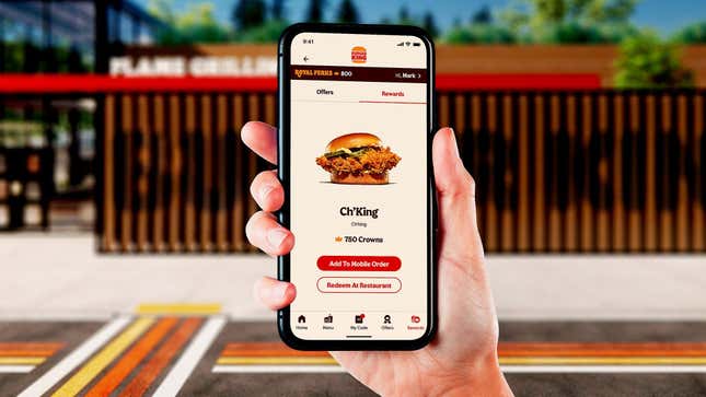 Phone displaying Burger King "Royal Perks" rewards program