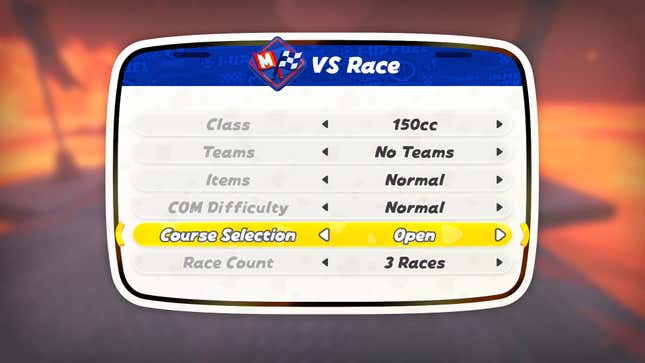 The VS Race settings screen, highlighting the Course Selection option.