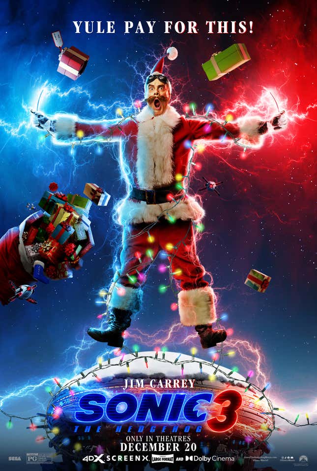 A poster of Eggman dressed as Santa, being electrocuted by Christmas lights.