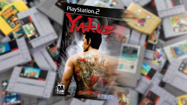An image of 2006's Yakuza fades against a backdrop of old-school game cartridges.