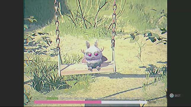 Moth Girl sits on a swing.