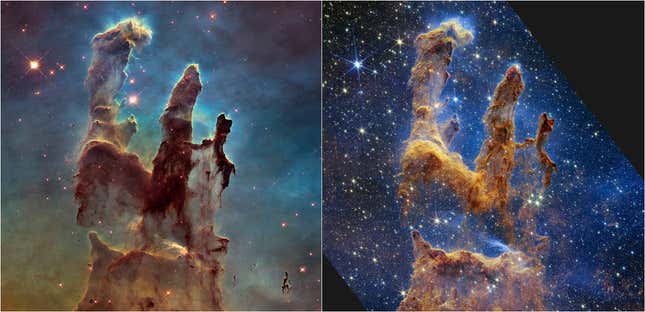 he Pillars of Creation as seen by the Hubble space telescope (left) and Webb space telescope (right).