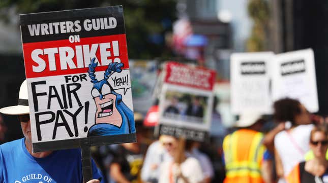 WGA members on strike with SAG-AFTRA members September 22, 2023 in Los Angeles