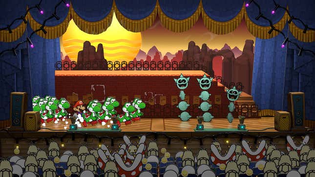 Mario and a bunch of Yoshis fight on stage. 