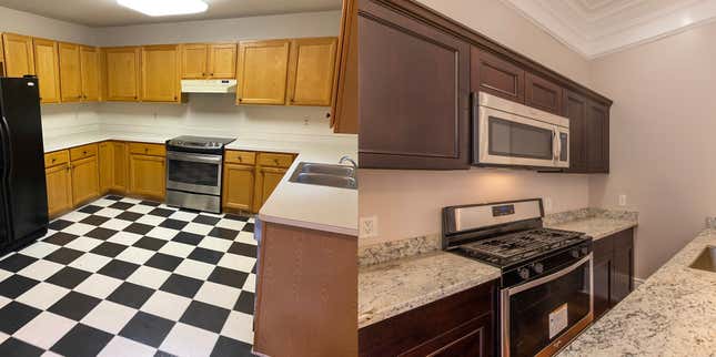 Left: the kitchen I moved out of. Right: the kitchen I moved into. Notice how many fewer cabinets there are in the new space?