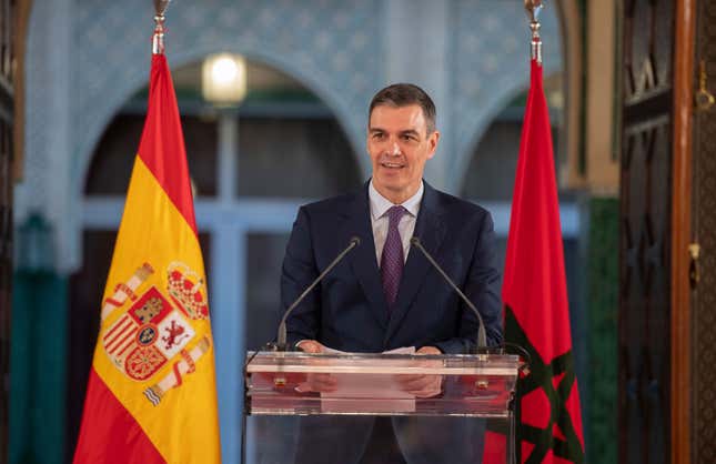 Spanish Prime Minister Pedro Sanchez speaks at a press conference after holding meetings with his Moroccan counterpart during an official visit to Rabat, Morocco, Wednesday, Feb. 21, 2024. (AP Photo)