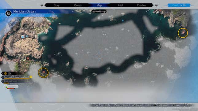 A screenshot of the world map in Final Fantasy VII Rebirth shows two key locations in the southern region.