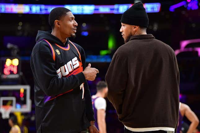 Oct 26, 2023; Los Angeles, California, USA; Phoenix Suns guard Bradley Beal (3) speaks with guard Devin Booker (1) during the second half at Crypto.com Arena.