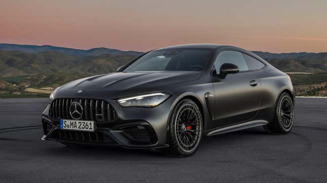 Front 3/4 view of a matte black Mercedes-AMG CLE53 coupe