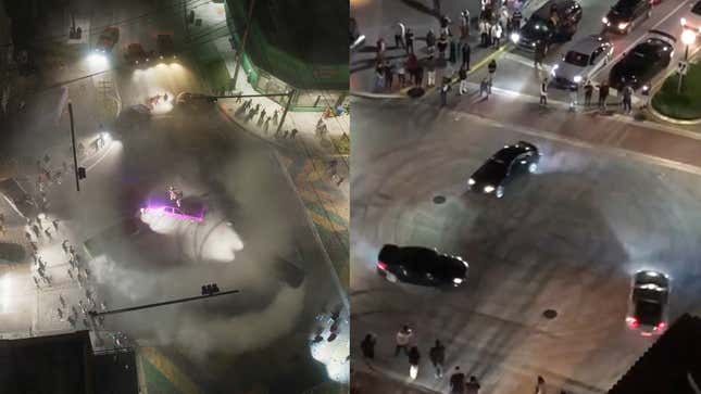 A side-by-side image shows cars driving in circles in the middle of an intersection.