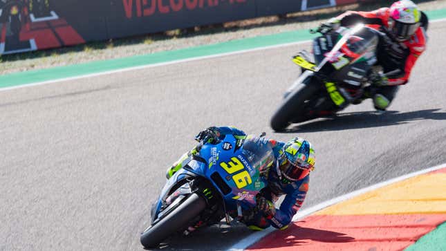 A photo of Moto GP racers in Spain. 