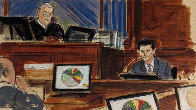 In this courtroom sketch, FTX founder Sam Bankman-Fried, right, testifies as Judge Lewis Kaplan, upper left, presides during Bankman-Fried&#39;s trial in Manhattan federal court, Tuesday, Oct. 31, 2023, in New York. A pie chart showing where all the customer funds were spent is displayed on monitors. (Elizabeth Williams via AP)