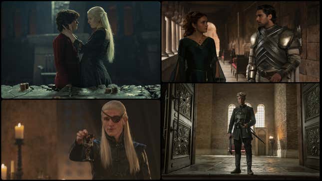 Clockwise from bottom left: Ewan Mitchell, Elliot Grihault, Emma D’Arcy, Olivia Cooke, Fabian Frankel, and Matt Smith in House Of The Dragon 