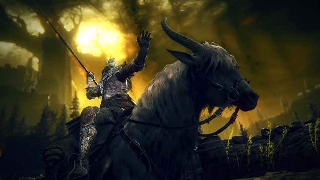 The player character aiming a throwing spear on top of their horse Torrent in the Land of Shadow featured in Elden Ring: Shadow of the Erdtree